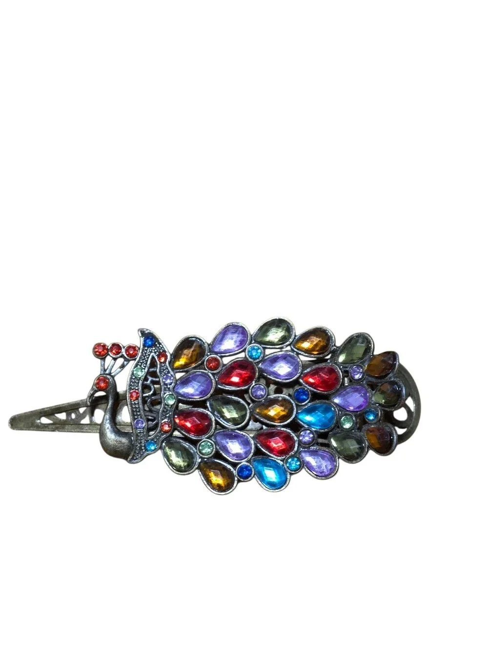 Vintage Multicolor Faux Jeweled Peacock Metal Hairclip EUC